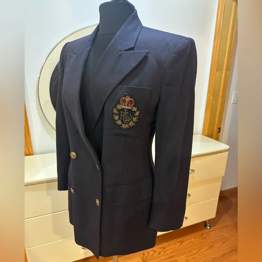Vintage Ralph Lauren Navy Double-Breasted Wool Blazer Size Medium - Picture 4 of 16